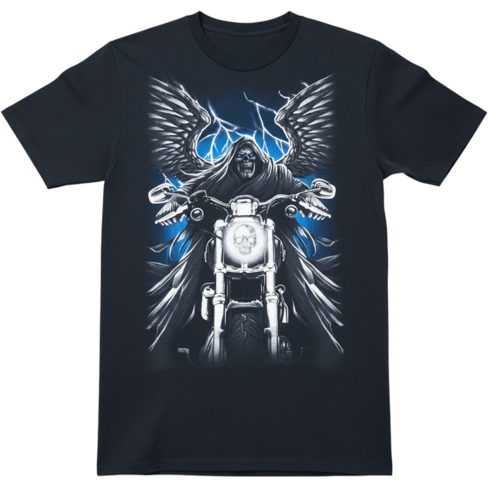 Men's 2XL? Biker Graphic Tee Winged Grim‎ Reaper Motorcycle Lightning Black